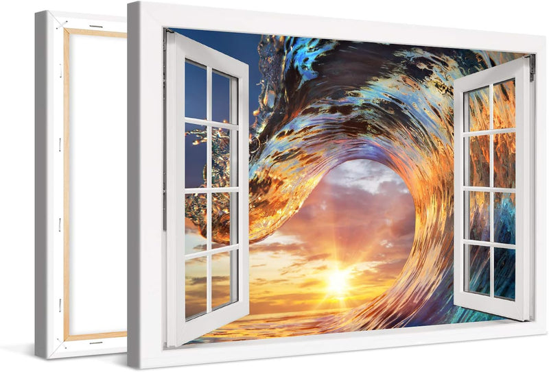 PICANOVA – Bild auf Leinwand Wellen-Sonnenuntergang Fenster 120x80cm – Leinwandbild – Premium Leinwa