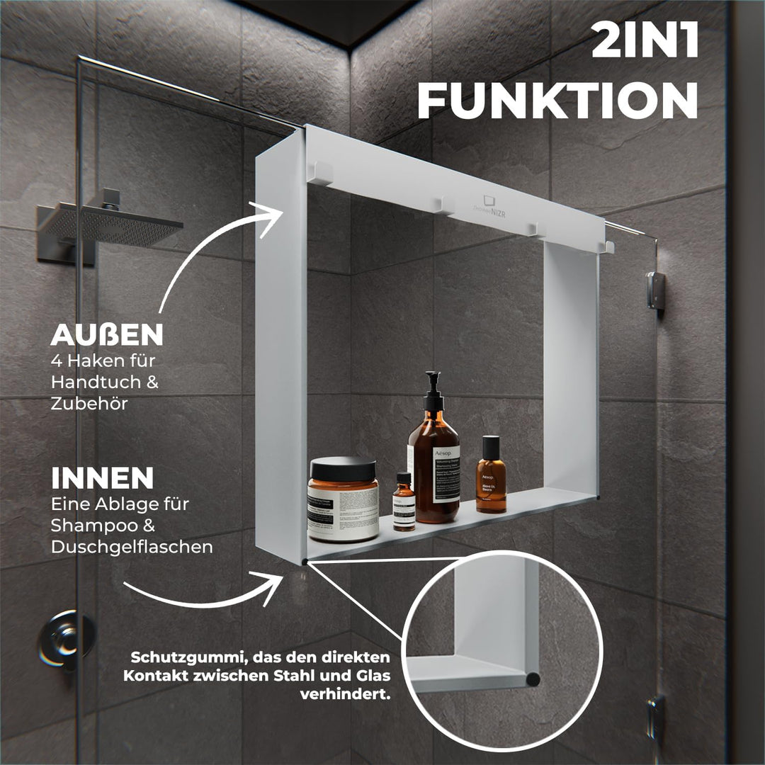 ShowerNIZR Duschregal Weiss - Duschablage ohne Bohren für Duschwand zum Hängen aus Edelstahl mit 4 H