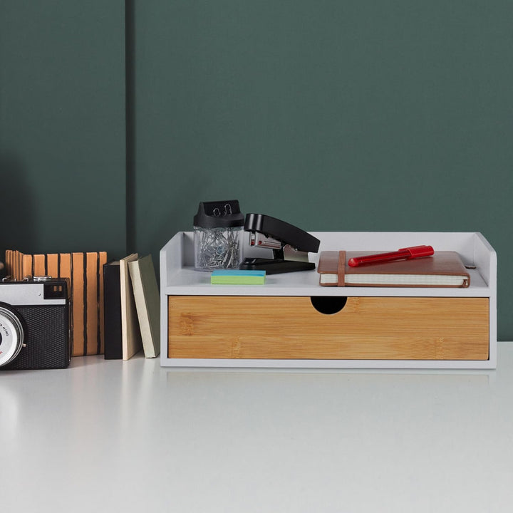 Relaxdays Schreibtisch Organizer, 1 Schublade, DIN A4 Ablage, Bambus, HxBxT: 11 x 32 x 22 cm, Büroor
