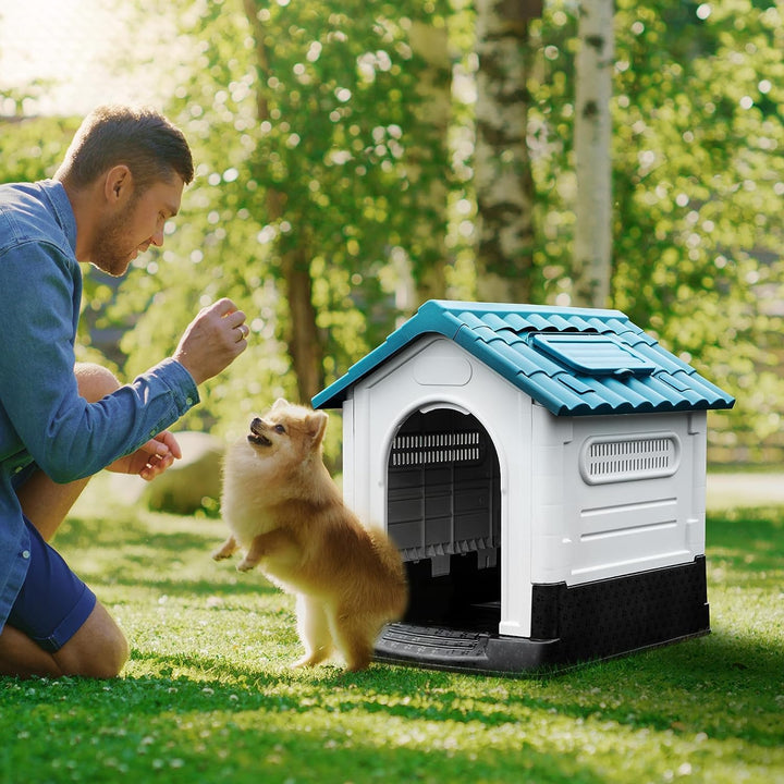 Lanco – Hundehütte für kleine Hunde mit verstellbarem Schiebedach. Innen- und Aussenbereich mit Belü