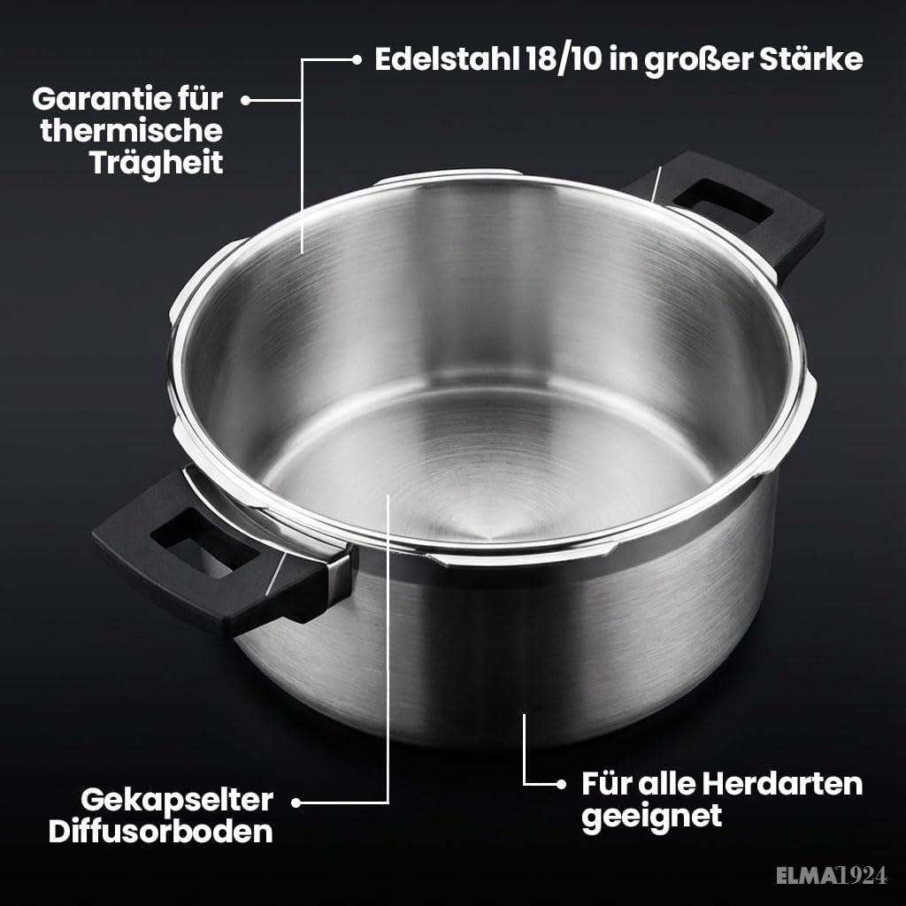 ELMA Prêst Schnellkochtopf 8 Liter, Ø 24 cm | 18/10 Edelstahl, Induktionsgeeigneter Kapselboden, 2 G