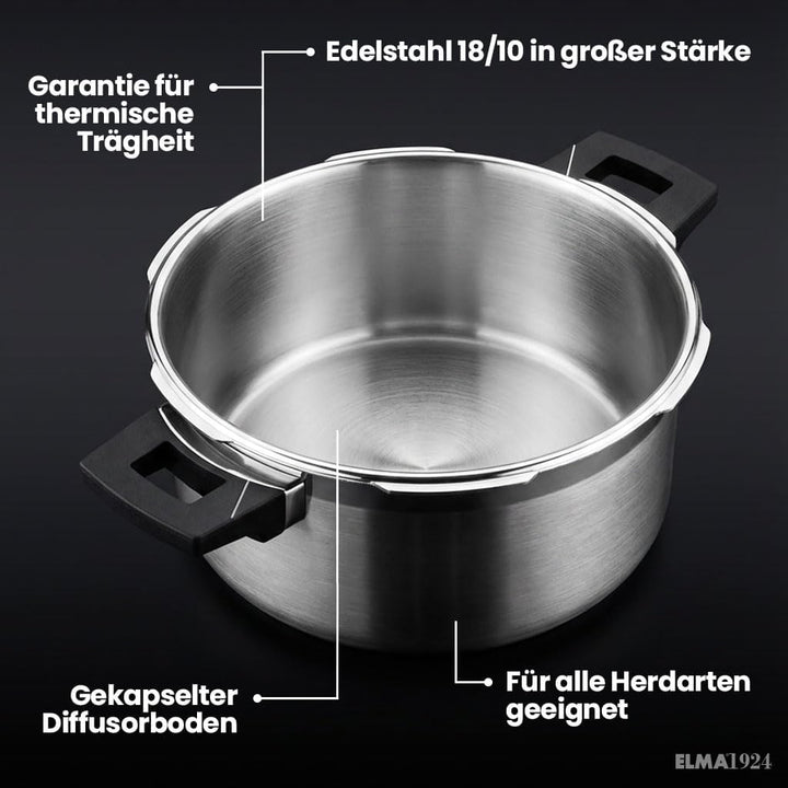 ELMA Prêst Schnellkochtopf 8 Liter, Ø 24 cm | 18/10 Edelstahl, Induktionsgeeigneter Kapselboden, 2 G