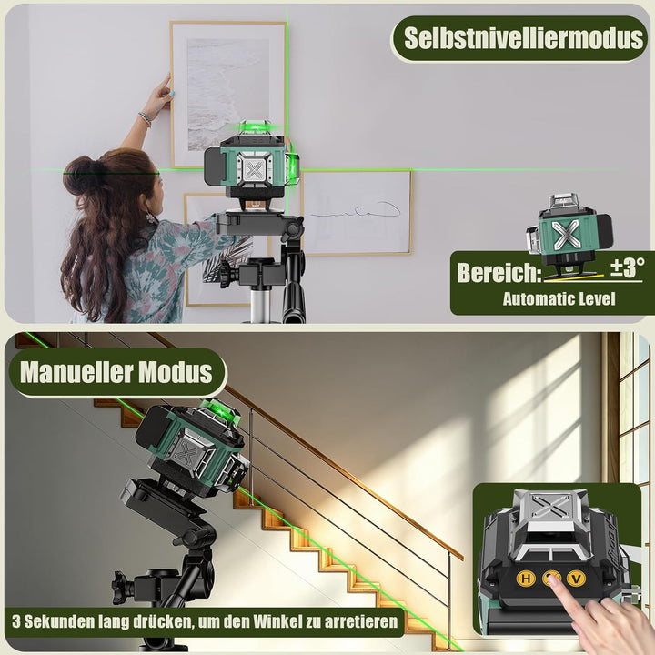 Kreuzlinienlaser Grün 16 Linien Nivellierlaser, 4 x 360 °Laser Wasserwaage Selbstnivellierend, Linie