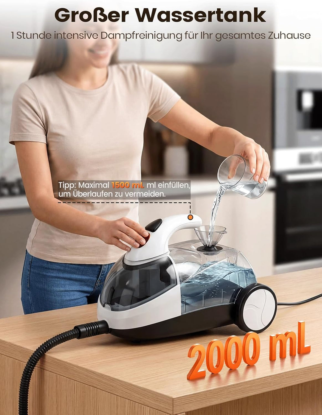 Dampfreiniger für Alles, 2000W mit 2L Tank, 16 Zubehörteilen, Weiss | Multifunktionaler Haushaltsrei