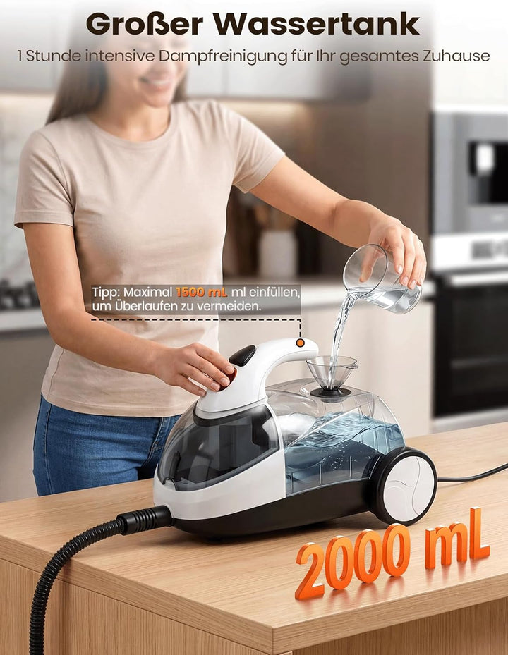Dampfreiniger für Alles, 2000W mit 2L Tank, 16 Zubehörteilen, Weiss | Multifunktionaler Haushaltsrei