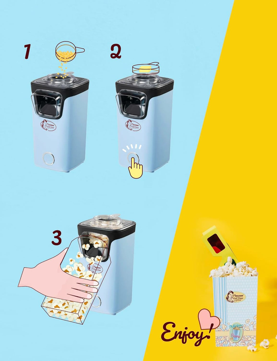 Bestron Popcornmaker, Turbo-Popcorn in unter 2 Minuten, Popcornmaschine mit Heisslufttechnologie, in