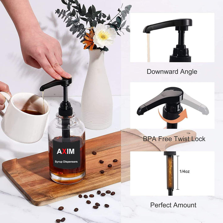 AXIM Kaffeesirupspender, 2 Stück, 500 ml, Glas-Sirupspender mit Etiketten und Trichter, Kaffeebar-Or