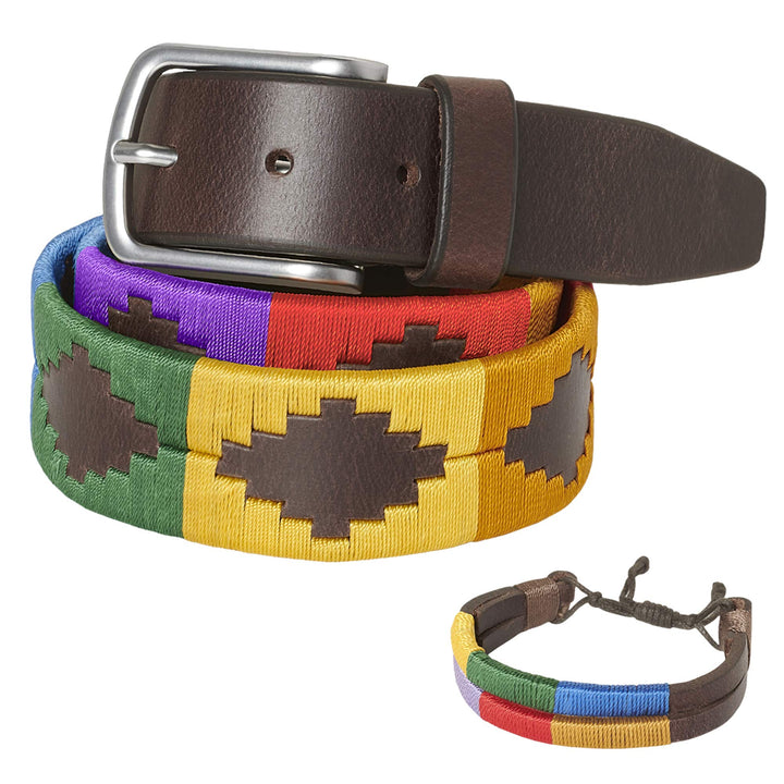 PELPE Argentinischer Ledergürtel mit passender Schnur und Lederarmband. Auf Leder gestickter Gürtel