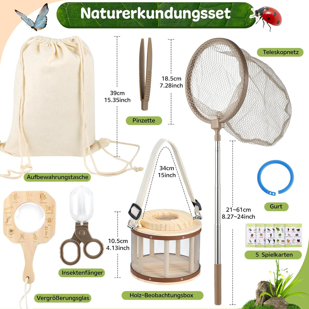 GAGAKU Holz Insektenfänger Set für Kinder – Forscherset mit Becherlupe &amp; Beobachtungsbox – Waldkinde