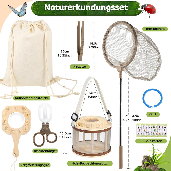 GAGAKU Holz Insektenfänger Set für Kinder – Forscherset mit Becherlupe &amp; Beobachtungsbox – Waldkinde