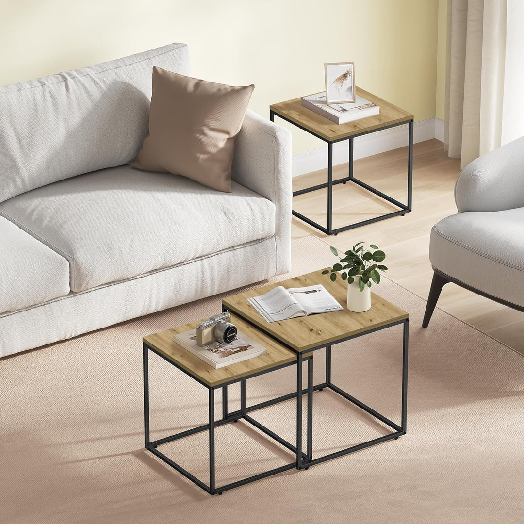 Couchtisch 50x50 cm, 2er Set quadratisch in Artisan-Eichenoptik, Schwarze Metallbeine, Industrial De