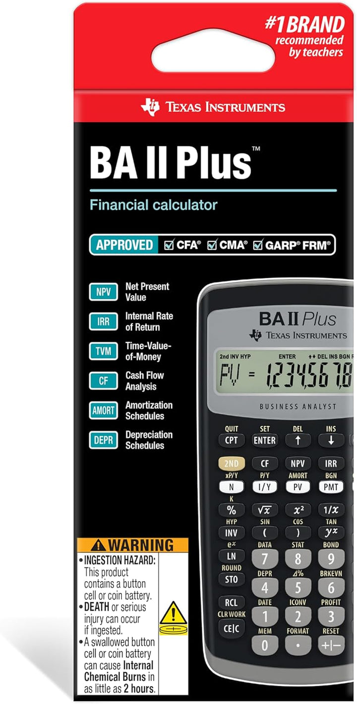 Texas Instruments BA II Plus Taschenrechner (Hosentasche, finanziell, Schwarz, Knöpfe, Akku)