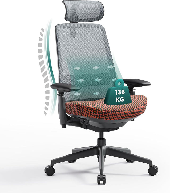 COLAMY Ergonomischer Bürostuhl, Mesh Computerstuhl mit hoher Rückenlehne, Office Chair mit Lendenwir