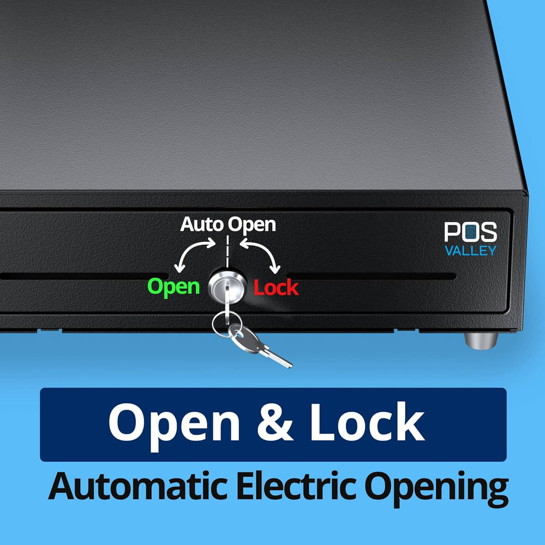 Automatische Kassenschublade 33x33cm, 4 Geldschein-/8 Münzfächer, RJ11/Schlüssel-Öffnung, Ideal für