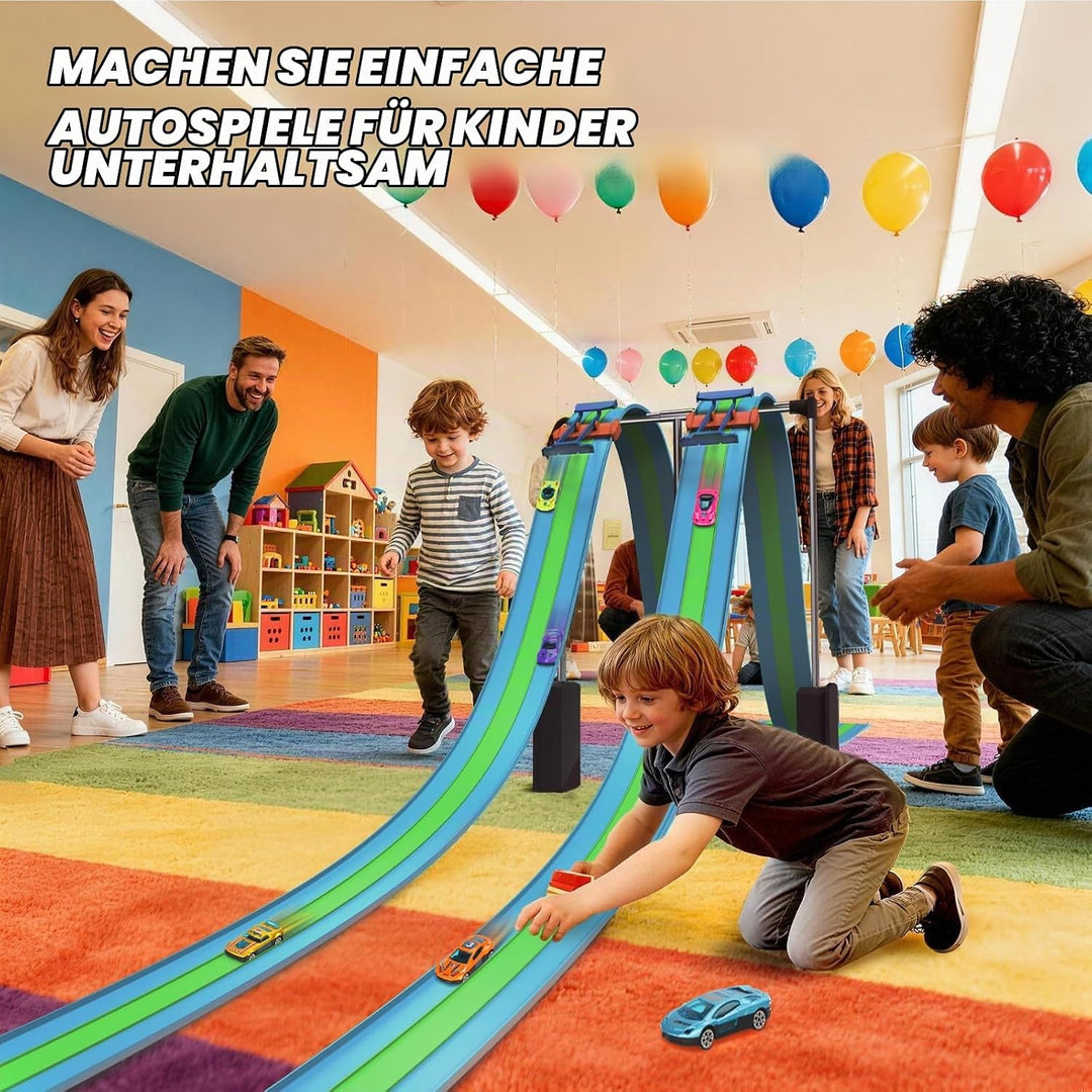 ACELIFE Flexible Autorennbahnen, 4.5M Autorennbahn Inklusive 6 Autos Tragbare Dreispurige Rennstreck