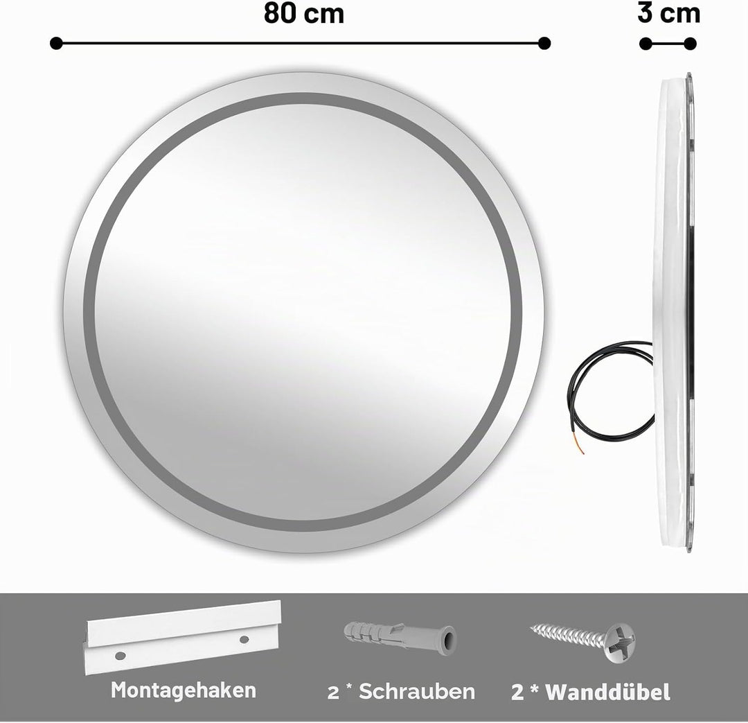 Bluetooth Badezimmerspiegel mit Beleuchtung, 80cm Runder Spiegel mit Beleuchtung, Wandspiegel mit Fr