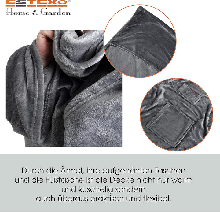 ESTEXO XXL TV-Decke Ärmeldecke Kuscheldecke Wohndecke mit Ärmeln und Fusstasche Handytasche Anthrazi