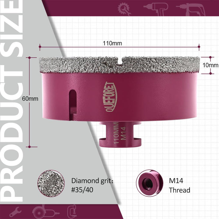 Diamant Fliesenbohrer 110mm x M14 - Bohrkrone für Fliesen Keramik Porzellan Marmor Granit, für Winke