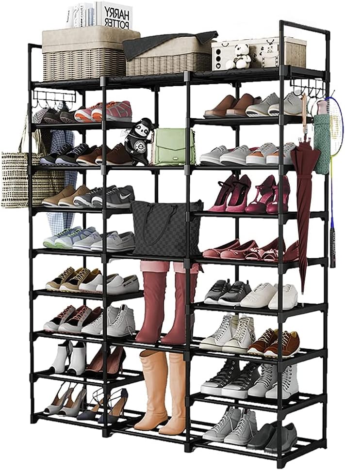 Schuhregal mit 9 Etagen, DIY, aus Metall, 50 – 55 Paar Schuhaufbewahrung, mit Haken für Wohnzimmer,
