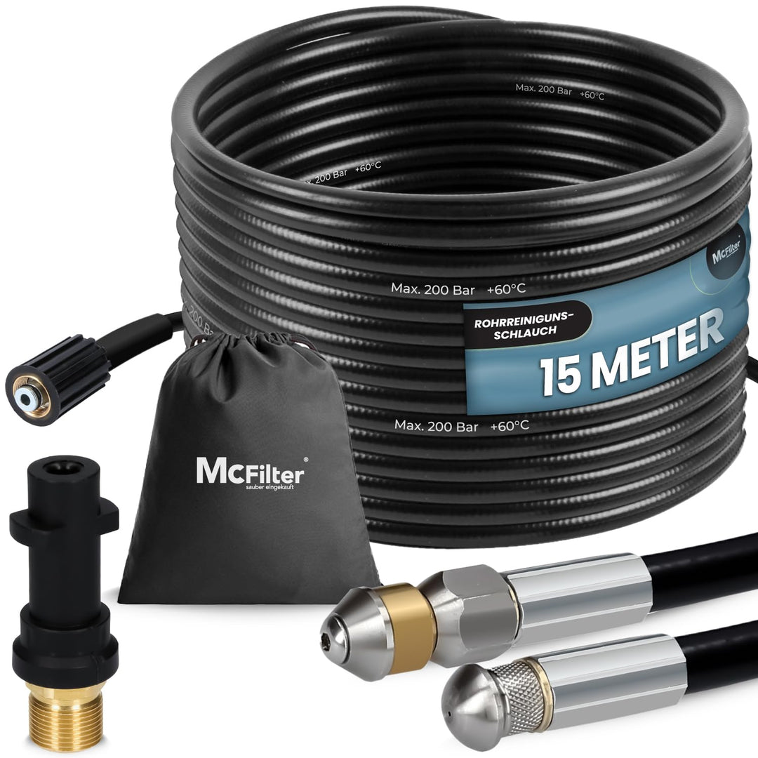 McFilter | Rohrreinigungsschlauch, 15m, 160-200 bar, inkl. Adapter, Düsen starr + rotierend, kompati