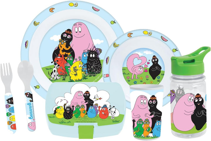 FUN HOUSE | Komplettes Set Lunchbox Barbapapa für Kinder | 1 Glas, 2 Teller + Besteck + Trinkflasche