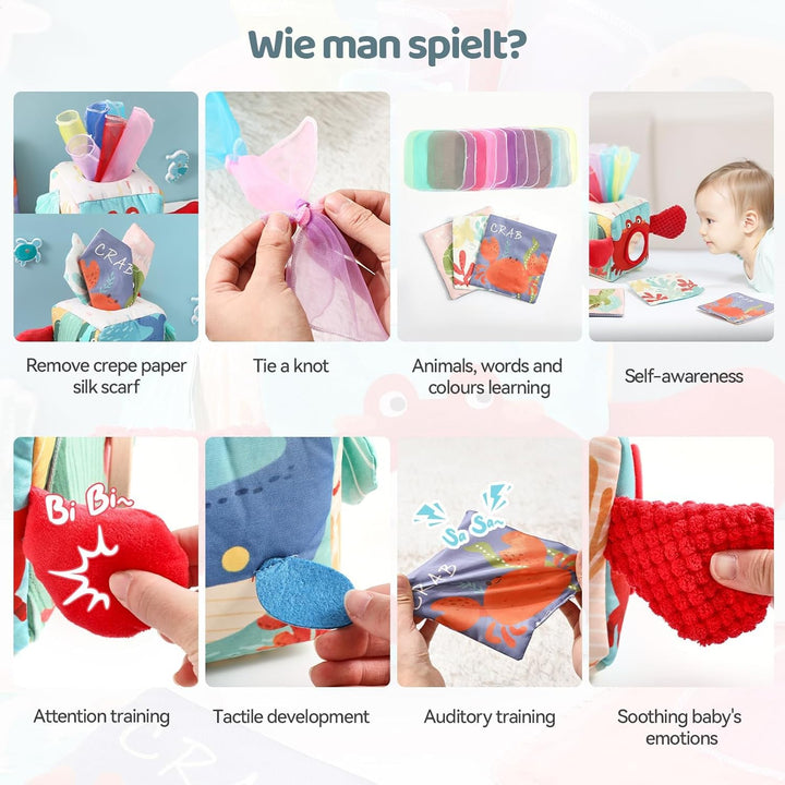 WOODEN TEETHER Baby Tissue Box Toy 6-12 Monate Montessori Sensorik Spielzeug, Fördert Sensorische &
