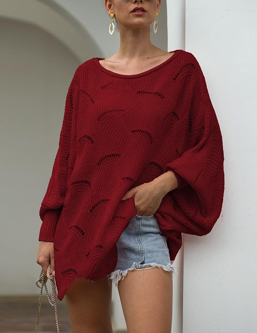 QUNERY Strickpullover Damen Winterpullover Knitted Rundhals Lose Pulli Damen Oversize Fledermausärme