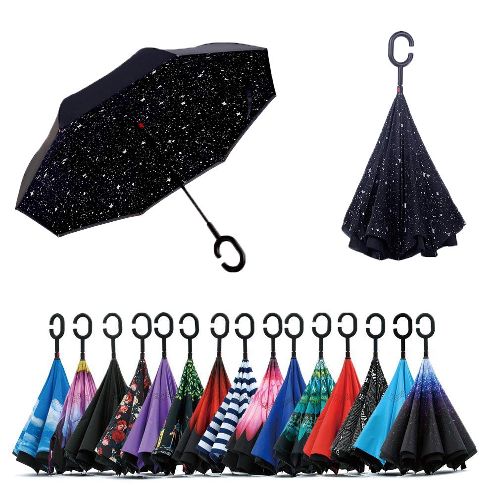 Jooayou Umdrehbarer Regenschirm mit 2 Flächen, C-förmiger Griff, rückseitig faltbarer Regenschirm, A