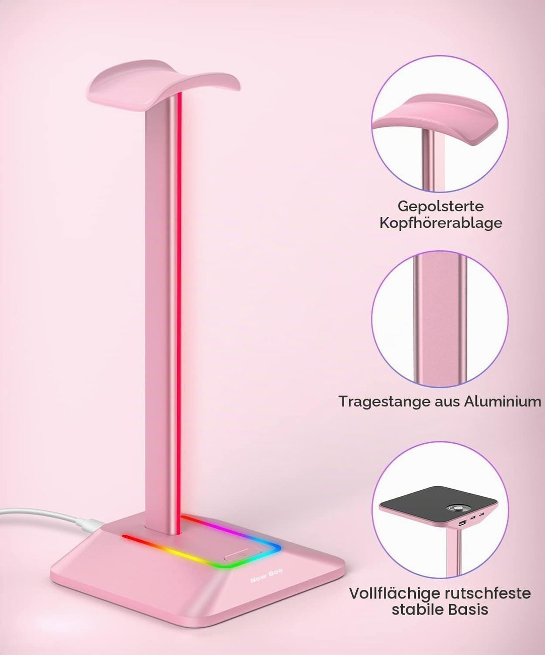 New Bee Kopfhörer Ständer RGB Headset Halterung mit USB Typ-C Ladegeräten und Datenübertragung Unive