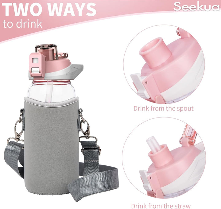 Seekua 0.6l Sport Trinkflasche Glas Flasche mit Strohhalm & Zeitmarkierung für Kinder, Schule 600ml