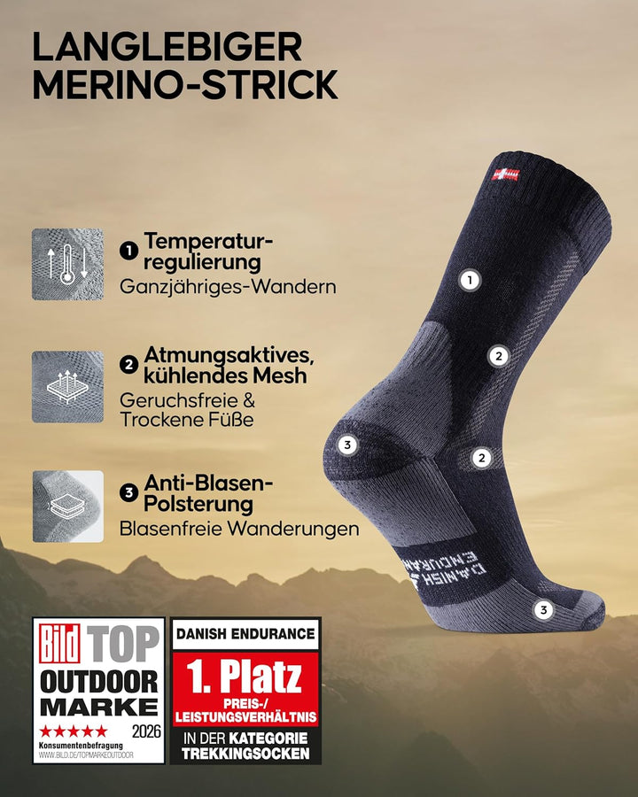 DANISH ENDURANCE Merino Wandersocken, Wollsocken, Merino Socken, Trekkingsocken, Atmungsaktiv & Star