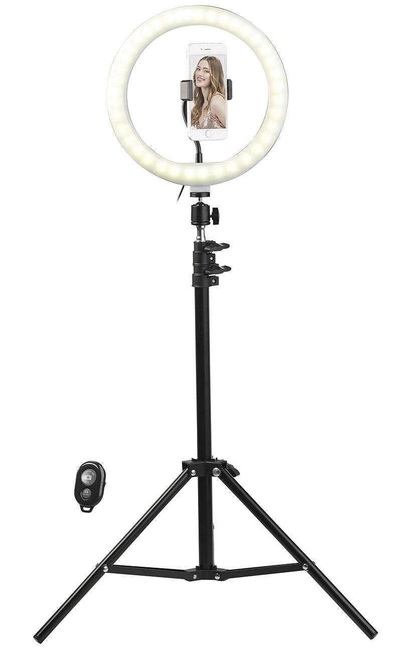 Somikon Handy Stativ mit Licht: LED-Ringlicht, Handy-Halter, Stativ, Fernauslöser, Ø 10" / 25 cm (Li