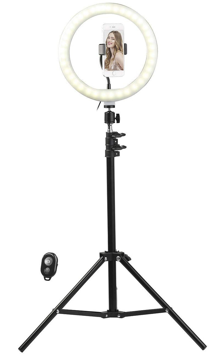 Somikon Handy Stativ mit Licht: LED-Ringlicht, Handy-Halter, Stativ, Fernauslöser, Ø 10" / 25 cm (Li