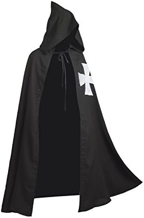 BLESSUME Mittelalter Ritter Kostüm Hospitaller Karneval LARP Cospaly, Schwarz Cloak mit Weisses Kreu