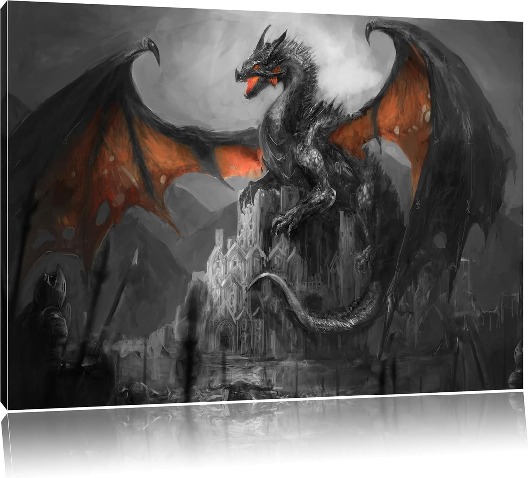 Pixxprint Drache schützend über Burg Schwarz/Weiss, Format: 100x70 auf Leinwand, 100x70