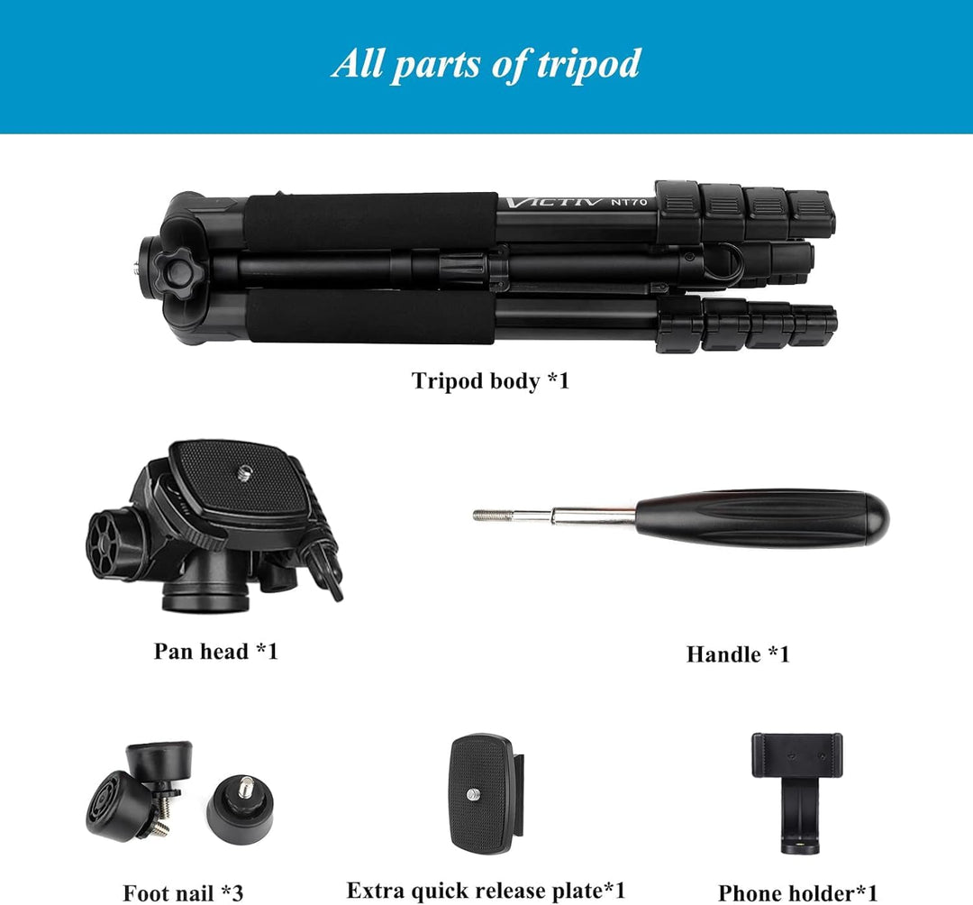Victiv Kamera Stativ mit 52–160-185cm Höhe, leichtes Camera Tripod mit Abnehmbar 3-Wege-Kopf, Alumin