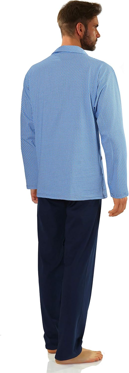 sesto senso Herren Pyjama mit Knopfleiste Lang Baumwolle Schlafanzug Knöpfen L T-shirt - Muster Blau