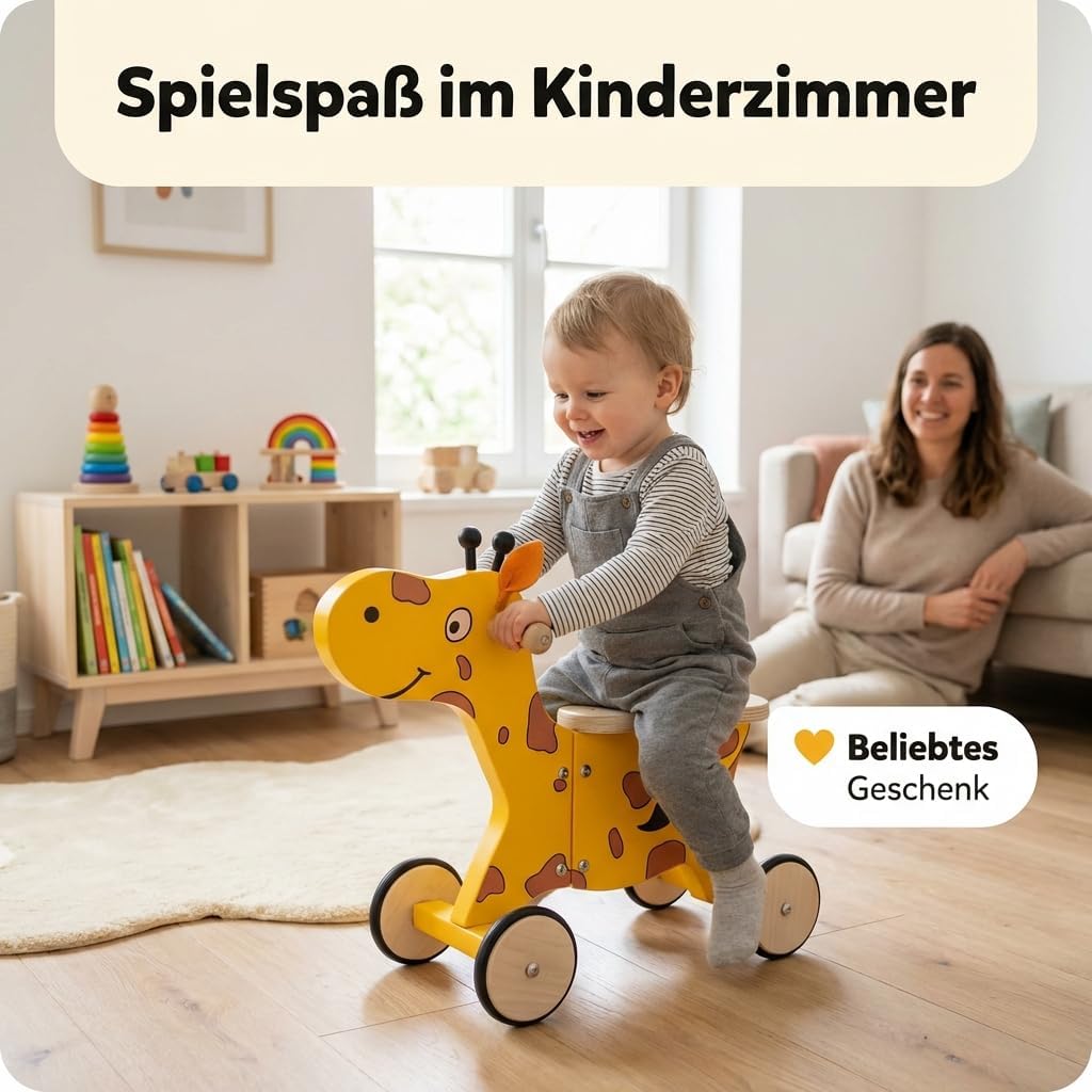 Kinder Rutscher aus Holz Giraffe Happy, Holzrutscher mit 4 Rädern, Handgriffen & Flacher Sitzfläche,