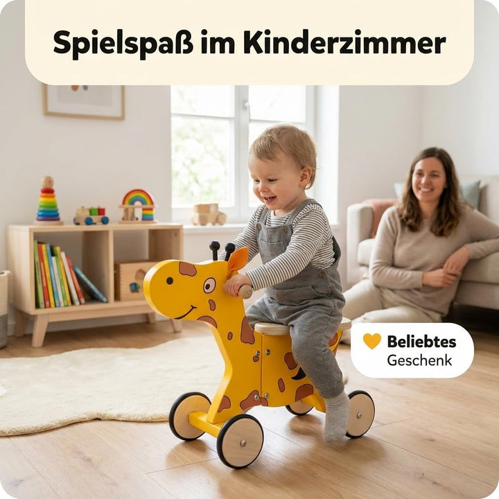 Kinder Rutscher aus Holz Giraffe Happy, Holzrutscher mit 4 Rädern, Handgriffen & Flacher Sitzfläche,