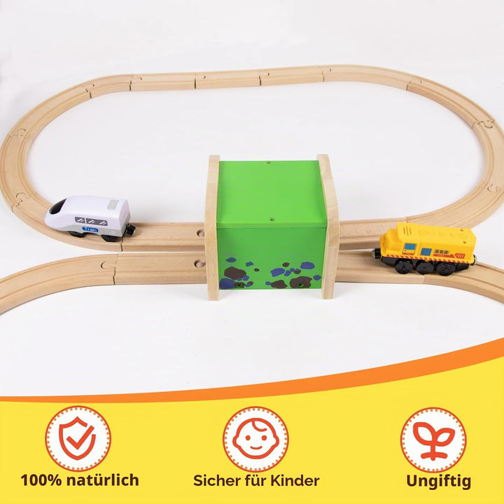 Doppelspur Tunnel für Holzeisenbahn, Holzeisenbahn Zubehör mit Doppeltunnel + 4 Geraden Schienen, ko