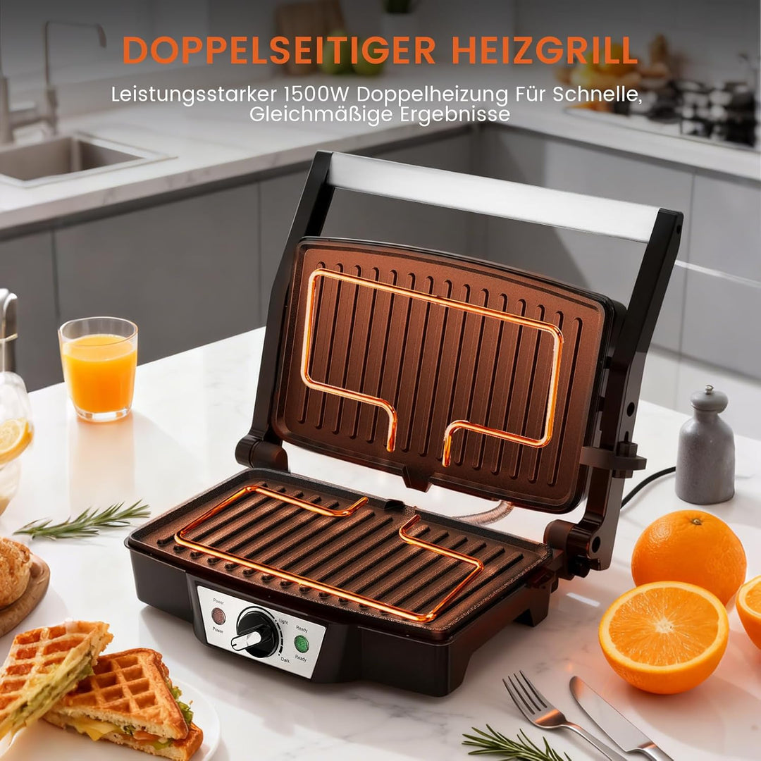 Edelstahl Kontaktgrill Elektrogrill 1500W mit Antihaftplatten | Sandwichmaker & Panini Grill für Ste
