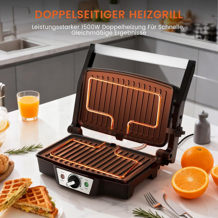 Edelstahl Kontaktgrill Elektrogrill 1500W mit Antihaftplatten | Sandwichmaker & Panini Grill für Ste