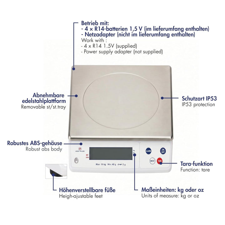 LOUIS TELLIER | Professionelle Elektronische Waage | 30 kg | IP53 | Genauigkeit 2 g | Abnehmbare Waa