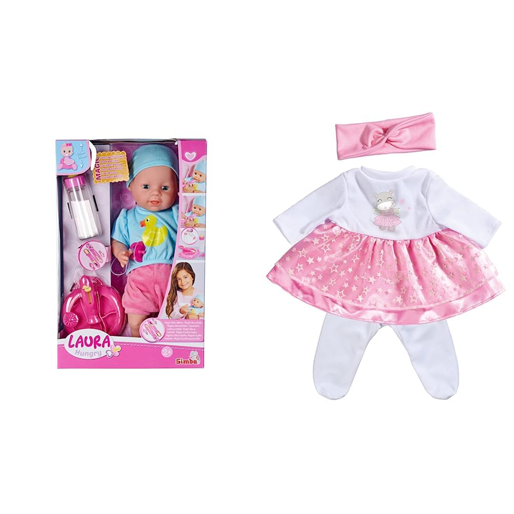 Simba 105010964 - Laura Hungry, Weichkörperpuppe & 105400002 - Laura Glitzersternchenset, Kleid mit