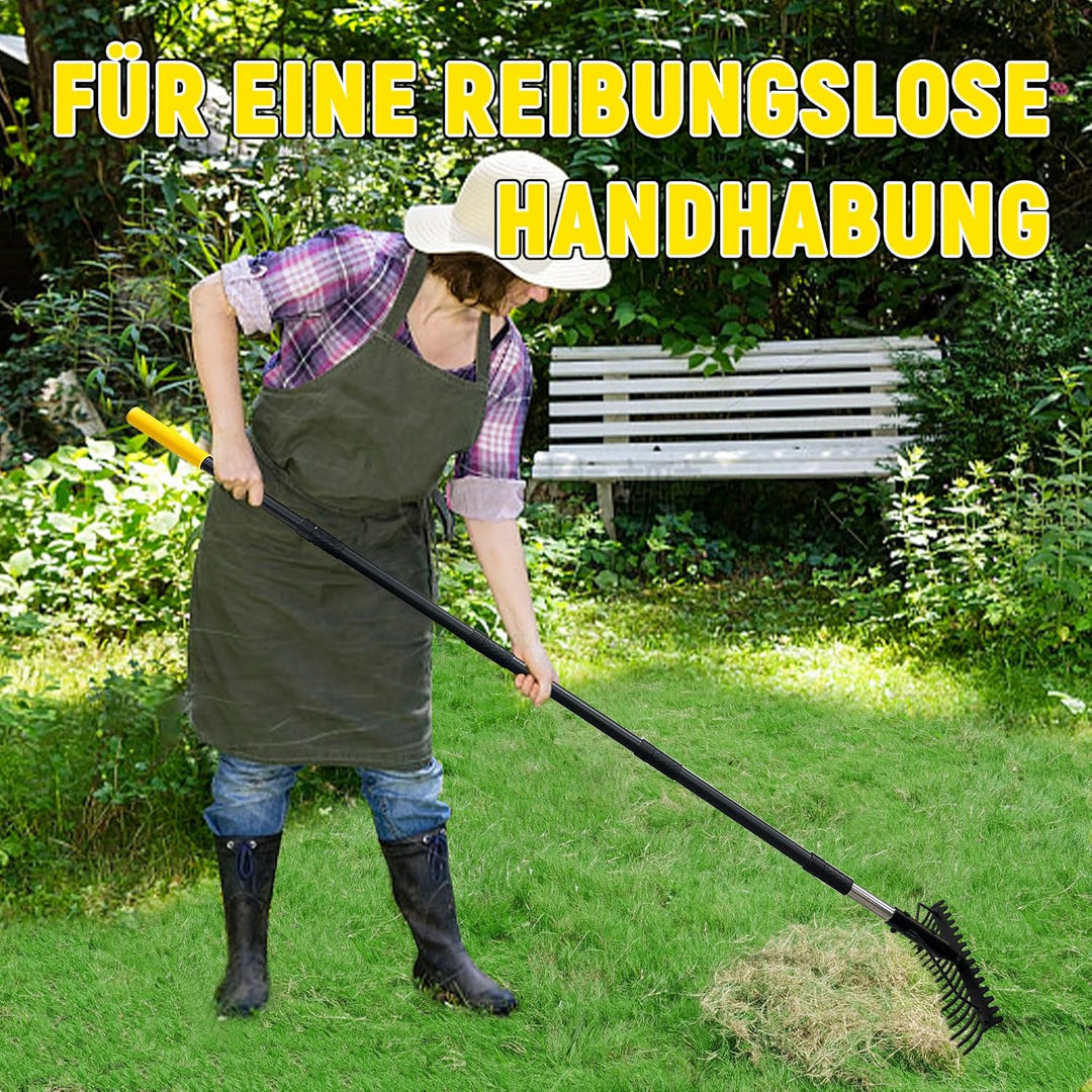 Gartenrechen, 1,7m Metallrechen mit 17 Stahlzinken, Harke mit Edelstahlgriff zum Lockern von Boden u