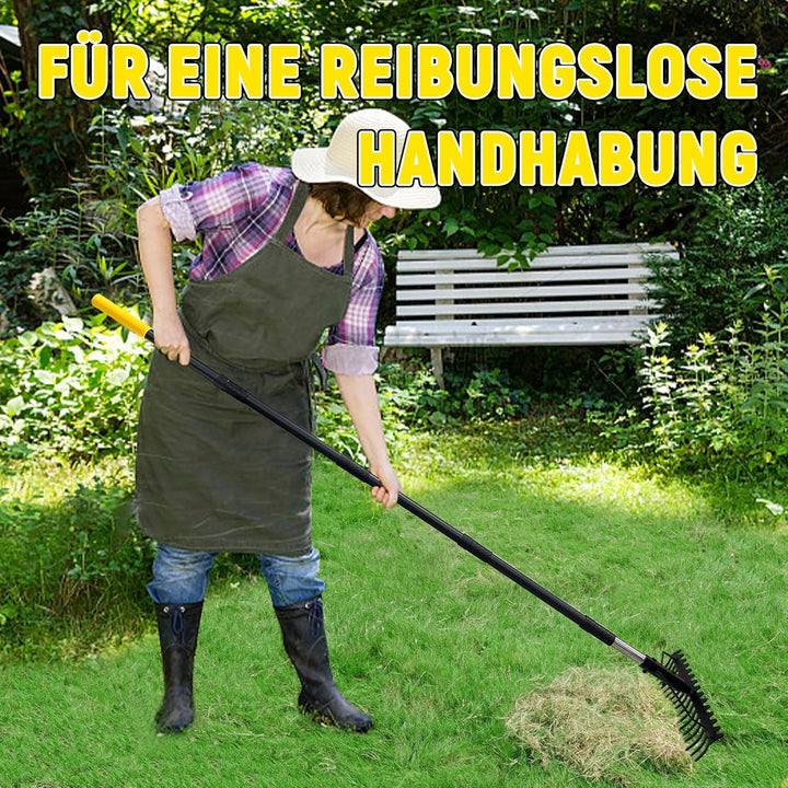 Gartenrechen, 1,7m Metallrechen mit 17 Stahlzinken, Harke mit Edelstahlgriff zum Lockern von Boden u