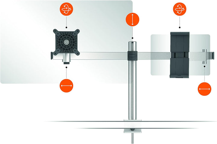 Durable Tischhalter für 1 Monitor 21-27" und 1 Tablet 7-13", mit Tischklemme, 360° drehbar, neigbar,