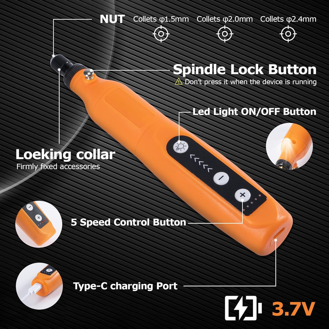 Carehabi Multifunktionswerkzeug Akku, mit LED-Licht, 3 Gang Graviergerät(5000-15000rmp),3.7v Mini Dr