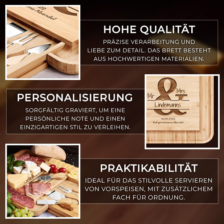 Maverton Käsebrett Servierplatte mit Gravur + 4er Käsemesser Set - aus Holz - 34x34cm - Geschenke fü