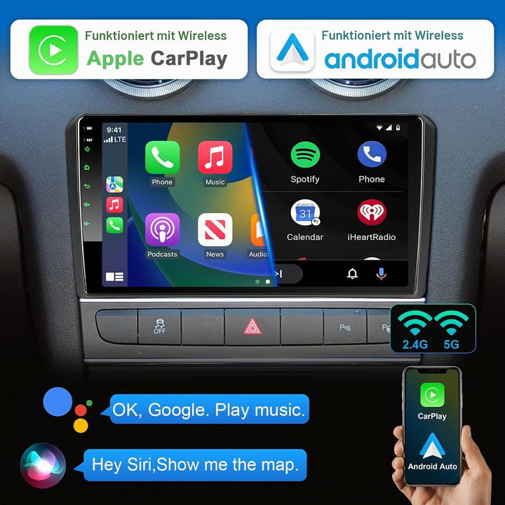 Android Autoradio mit Navi Bildschirm Carplay Android Auto für Audi A3 S3 RS3 2003-2012,9 Zoll 4GB+6